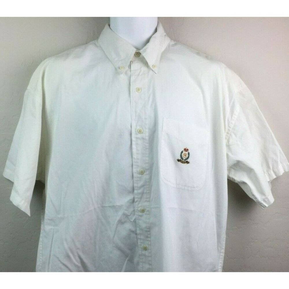 Chaps Ralph Lauren Mens White Short Sleeve Button Shirt Crest Logo Size Large